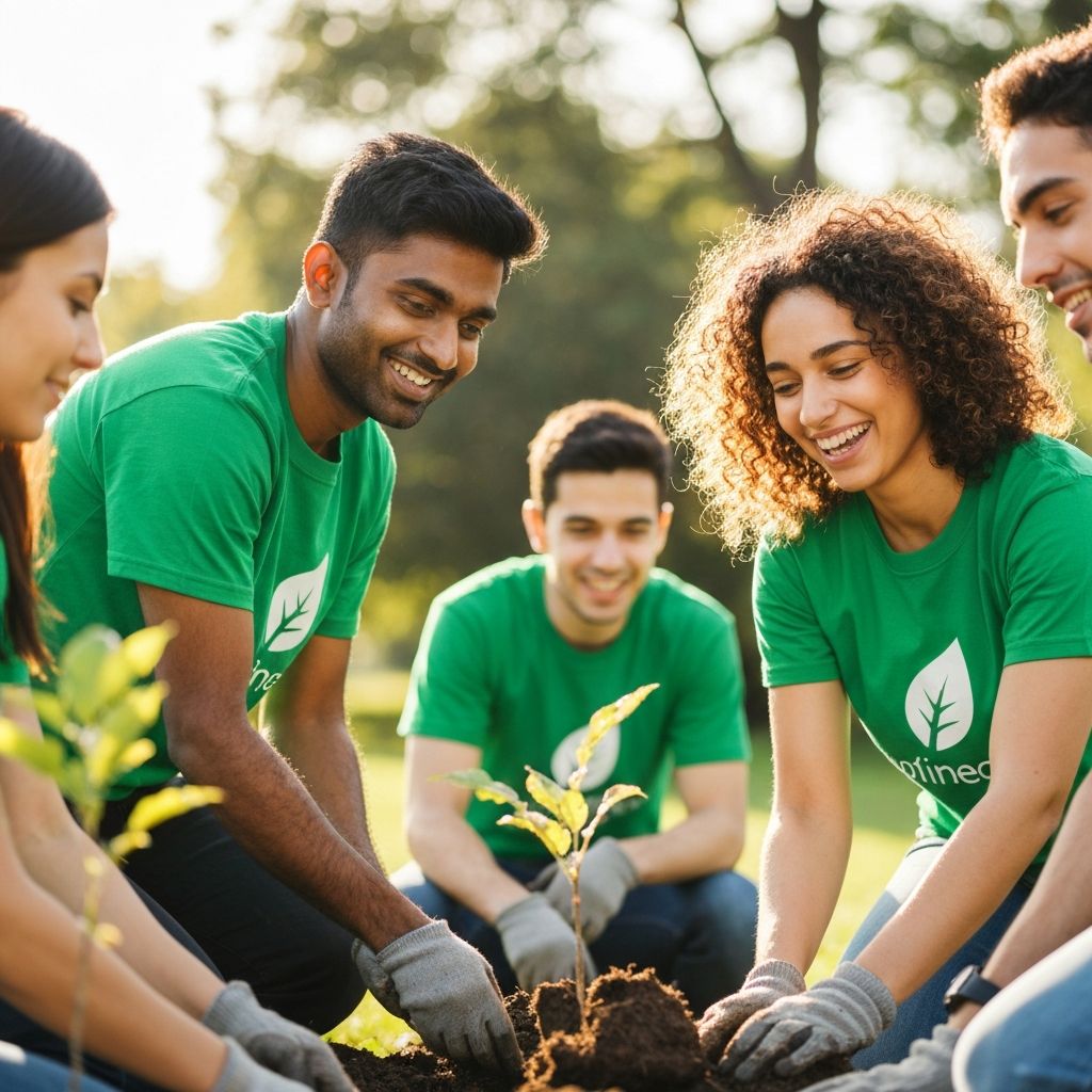 Volunteers planting trees together as part of a community reforestation project